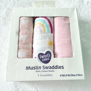 Parent's Choice Muslin Swaddles 3 Pack Pink Rainbow Hearts 47x47 100% Cotton NEW